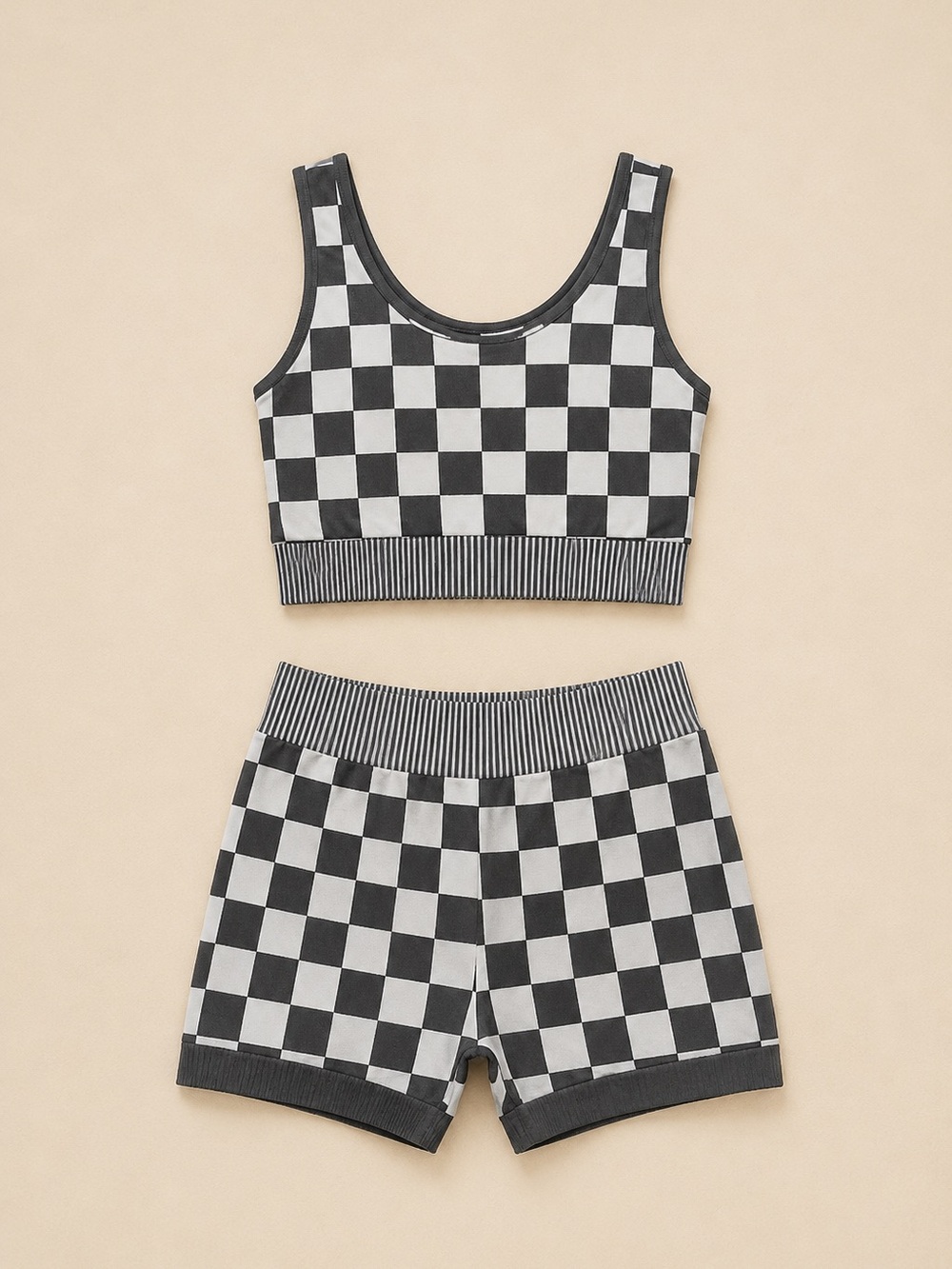 Checkerboard Ribbed Crop Top & Shorts Set - Black/White